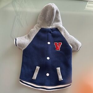 Adorable Gray and Navy Fleece Hooded Varsity Dog Jacket Size Large